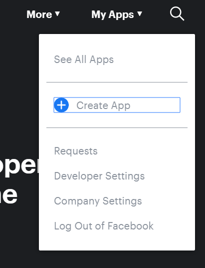 Interface on developers.facebook.com, showing the My Apps menu with the Create App option