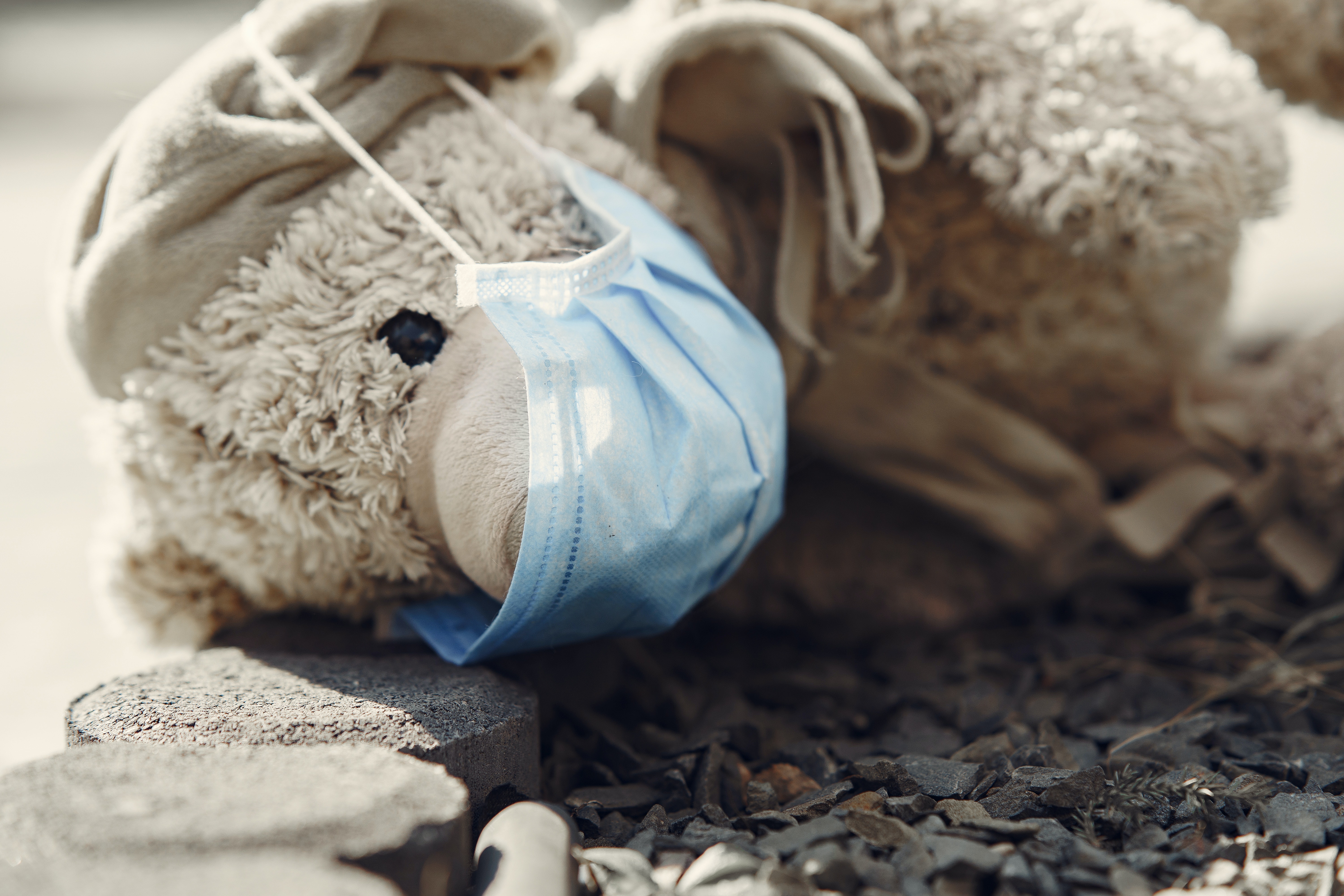 Stuffed animal bear with a COVID-19 mask, laying on the ground